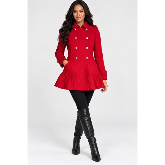 Juicy Couture Jackets & Blazers - Juicy Couture Red Wool Blend Coat Womens XS Double Breasted Ruffle Hem